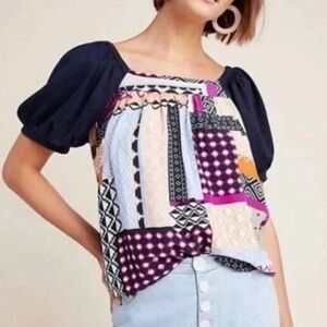 MAEVE by Anthropologie Navy and Pink Patchwork Blouse